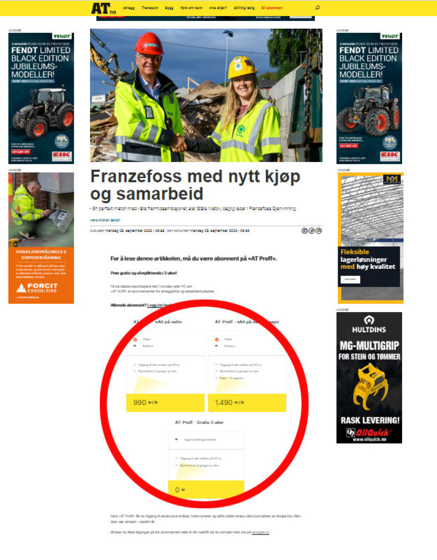 I området merket med rødt i en +Proff-artikkel, velger du hvilket abonnement du ønsker slik at du kan lese +Proff-saker på AT.no.