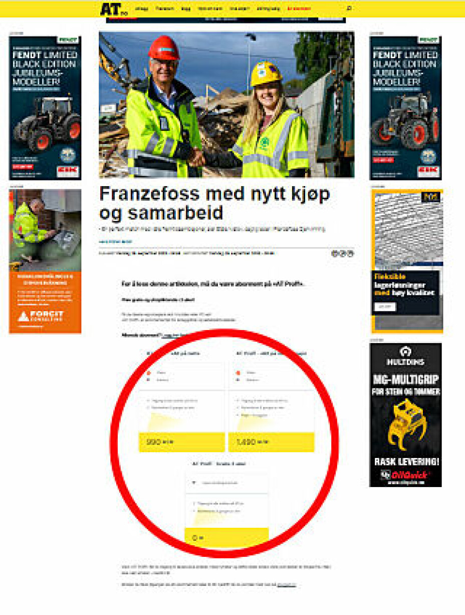 I området merket med rødt i en +Proff-artikkel, velger du hvilket abonnement du ønsker slik at du kan lese +Proff-saker på AT.no.
