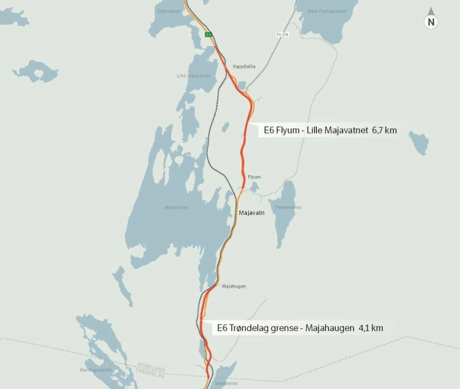 Prosjektet E6 Trøndelag grense-Lille Majavatn er delt i to parseller. Det skal blant annet bygges 9,6 kilometer, ny E6 med fartsgrense 90 km/t og klargjøres for 90 km/t på strekningen Kappfjellia-Lille Majavatn. Illustrasjon: Statens vegvesen.