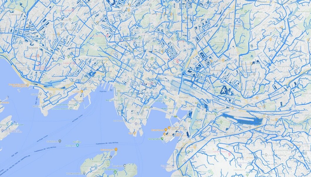 Kart over hvor vann vil renne og samle seg i Oslo. Skjermdump: 7Analytics Kart over hvor vann vil renne og samle seg i Oslo. Skjermdump: 7Analytics