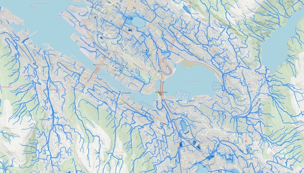 Kart over hvor vann vil renne og samle seg opp i Bergen. Skjermdump: 7Analytics.