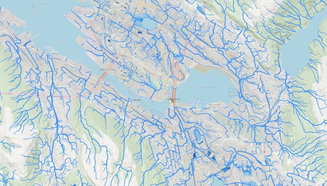 Kart over hvor vann vil renne og samle seg opp i Bergen. Skjermdump: 7Analytics. Kart over hvor vann vil renne og samle seg opp i Bergen. Skjermdump: 7Analytics.