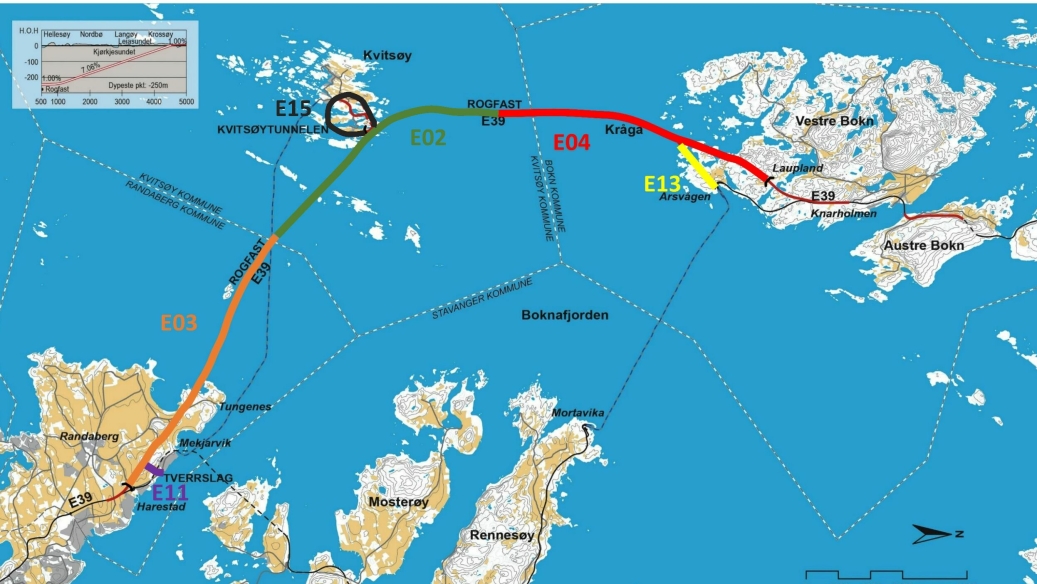 Oversiktskart, E39–Rogfast. Skanska er tildelt bygging av tunneler fra Bokn mot Kvitsøy (merket med rødt).