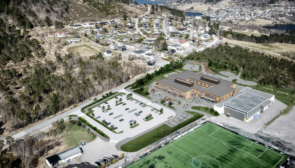 Nye Eidet skule skal erstatte tre eksisterende skoler: Vatne ungdomsskule, Vatne barneskule og Tennfjord skule. Illustrasjon: Slyngstad Aamlid Arkitekter