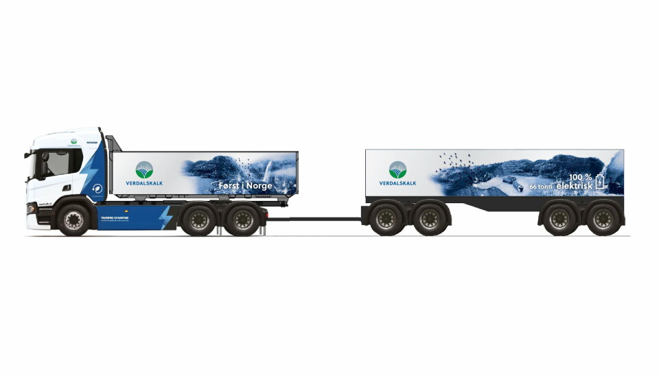 Et slik Scania 45P-vogntog skal settes i trafikk mellom kalkbrudd og havn i Verdal.