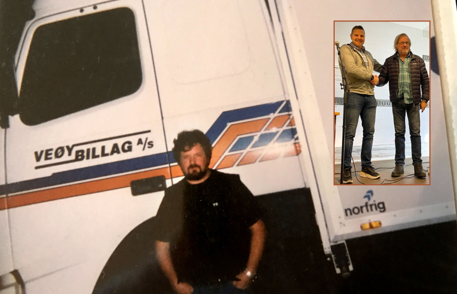 På hovedbildet er Kurt på vei til Hamburg med Jarlsberg-ost på 90-tallet en gang. Han kjørte den ruta i to år. Innfelt bilde fra Kurt Rosenfors' avslutningsdag nylig. Til venstre står Rune Holden (driftsleder i Veøy AS avdeling Øst Oslo) og takker Kurt Rosenfors for innsatsen i over fire tiår.