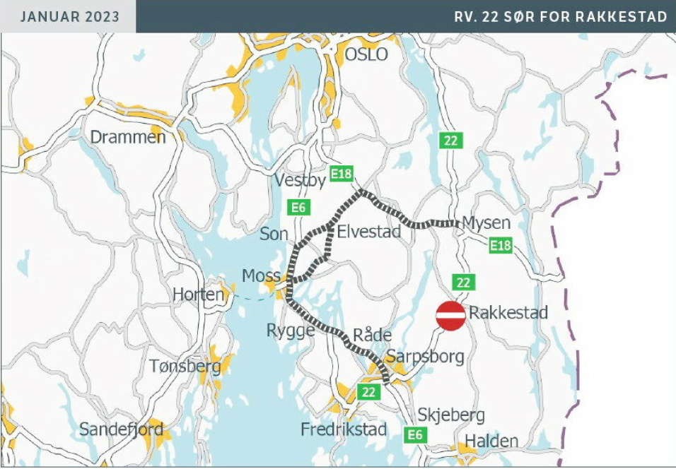 OMKJØRING: Kartet viser anbefalt omkjøring når rv.22 sør for Rakkestad er stengt. Kart: Statens vegvesen