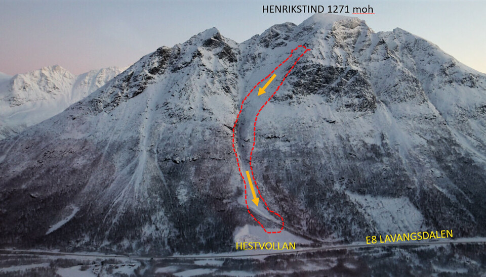 Her gikk skredet som ble utløst med trykkbølgekanon og helikopter. Illustrasjon: Statens vegvesen.