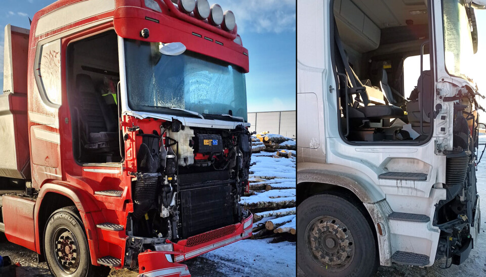 Ta Scania Next Gen manglet plutselig dører og front på et industriområde i Trøgstad i Østfold i dag tidlig.