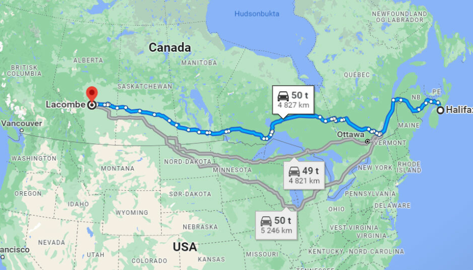 Son casi 500 millas para conducir desde el puerto de Halifax hasta la granja en el oeste de Canadá.
