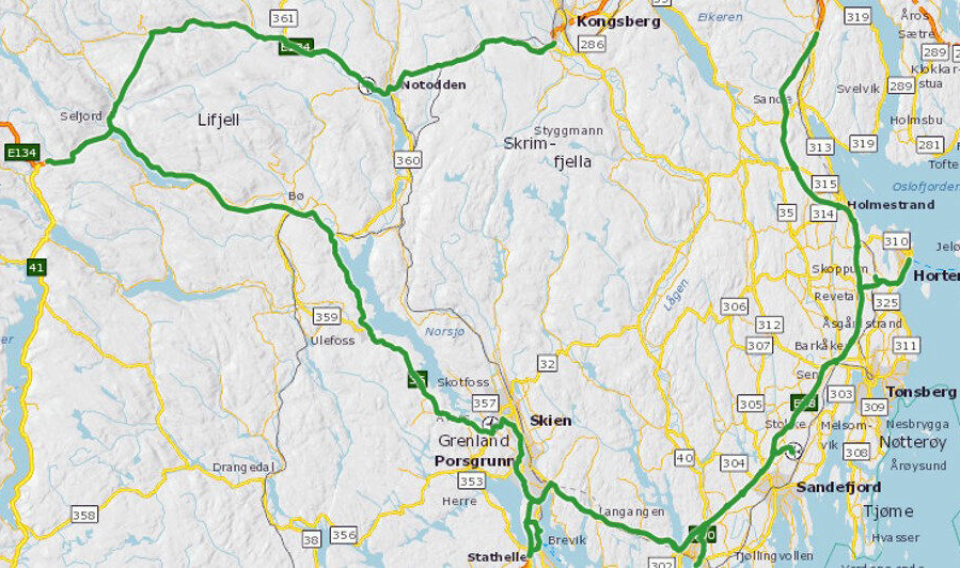OMRÅDET: Den nye kontrakten gjelder drift av riksveiene i Vestfold og deler av Telemark. Nesten 463 kilometer vei totalt. Illustrasjon: Statens vegvesen.