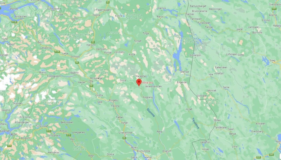 Atna bru på riksvei 3 i Stor-Elvdal avmerket.