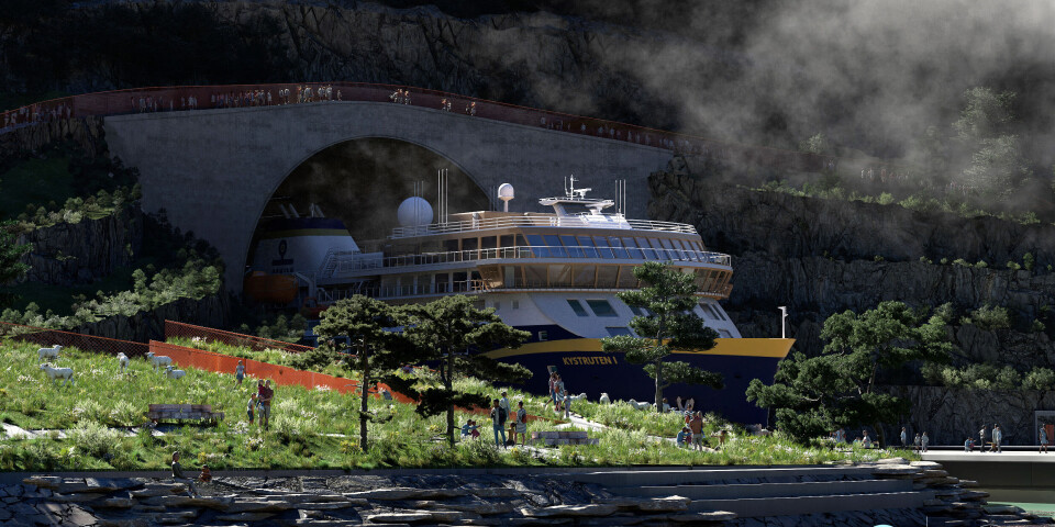 Kystverket jobber videre med Stad skipstunnel. Illustrasjon av tunnelåpningen i Moldefjorden.