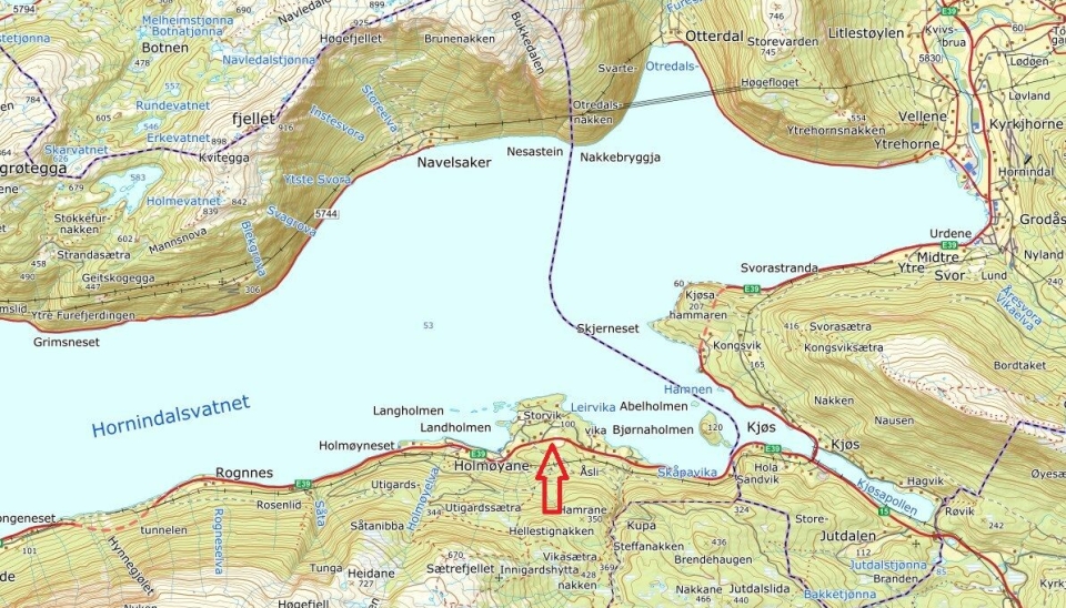 Den røde pilen viser hvor Statens vegvesen skal opparbeide delvis fossilfri anleggsplass for skredsikring på E39 ved Hornindalsvatnet.