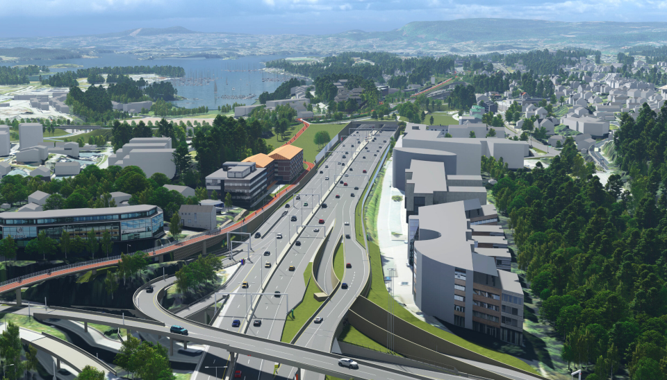 Bygging av nytt Fornebukryss (nærmest) og Stabekklokket (midt i bildet) inngår i entreprise E102 Fornebukrysset-Strand.