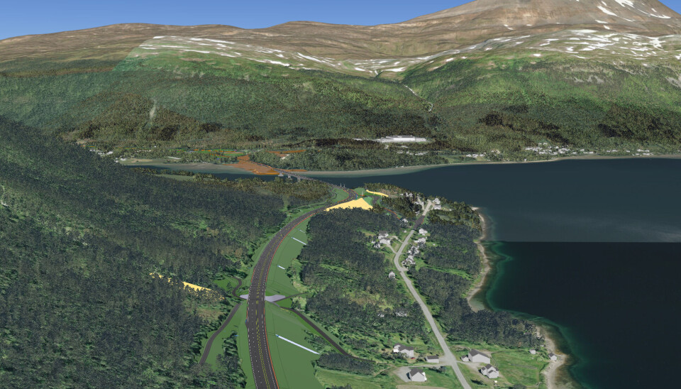 Illustrasjon av vei i dagen sørøst mot Sørbotn. I bakgrunnen kan man skimte brua over Ramfjorden og Lauksletta.