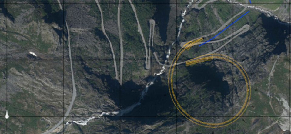 Den gule linjen viser hvordan tunnelen i Trollstigen kan bli utformet.