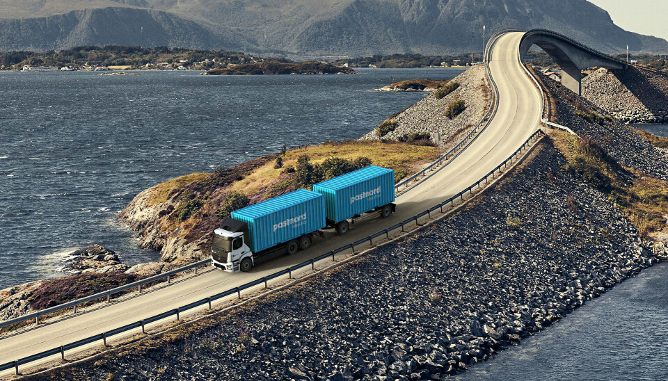 ATLANTERHAVSVEIEN: Einride har sendt ut dette illustrasjonsbildet av en Einride-ombygget elektrisk lastebil med utgangspunkt i en Mercedes-Benz ved pressemeldingen om storsatsingen i Norge.