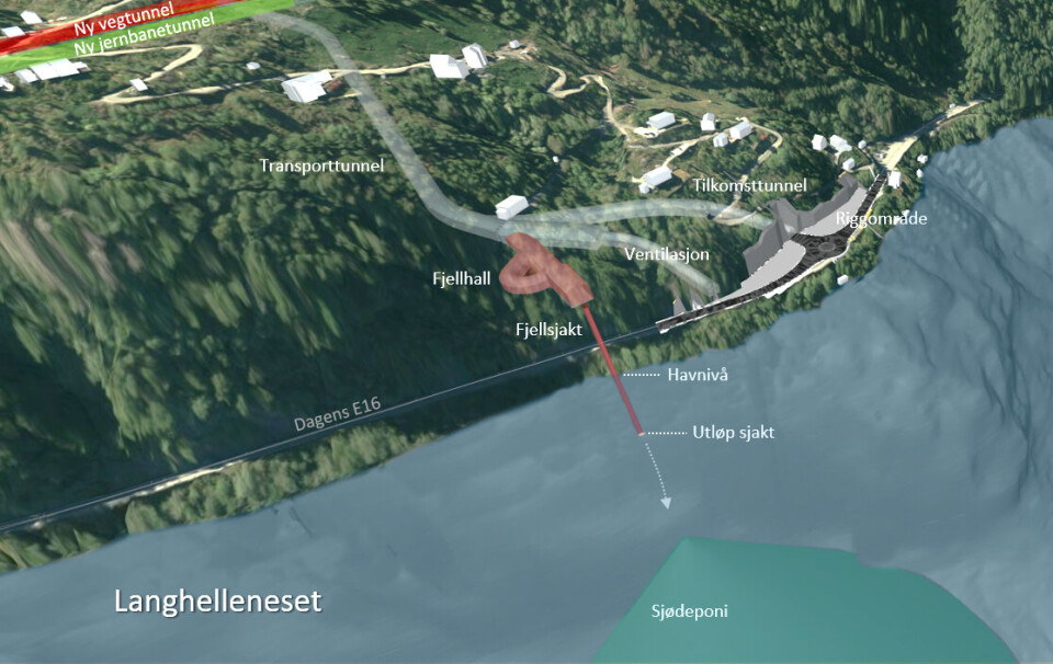 Illustrasjon av sjaktløsning for deponering av masser ved Langhelleneset.