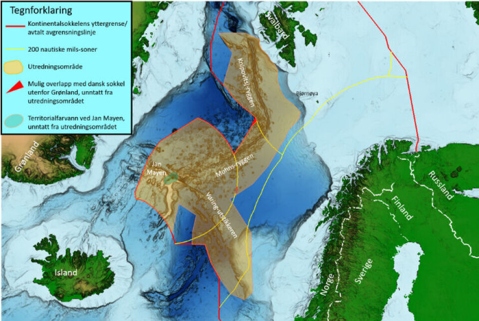 Innenfor dette området kan det åpnes for leting etter havbunnsmineraler. Området dekker 592 500 km². Norges landareal er 385 000 km².