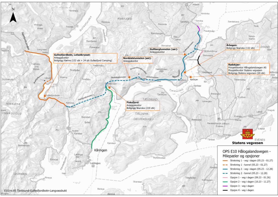 OVERSIKT: OPS-prosjektet E10 Hålogalandsvegen med riggområder langs traseen som skal bygges.