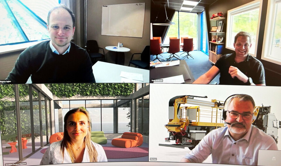 TEAM(S): Anlegg&Transport fikk en gjennomgang av den nye løsningen til Effera i et Teams-møte med Magnus Aglen (Effera, oppe venstre), Annikken Bergem Nygaard (Effera, nede venstre), Peder Andersen (AMV, oppe høyre) og Ole Heie (Renta, nede høyre).