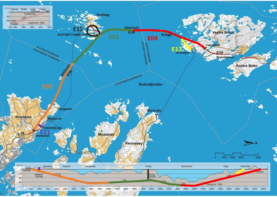 Entreprisen E02 merket med grønt er lyst ut. Den skal koble sammen de andre tunnel-prosjektene i Rogfast-byggingen.