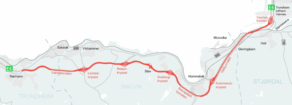 E6 Ranheim-Værnes-kontrakten består av 23 kilometer firefelts motorvei med midtdeler, der 7,1 kilometer av strekningen er i tunnel: Væretunnelen på 1,6 km, Stavsjøfjelltunnelen på 1,7 km og Helltunnelen på 3,8 km. Alle tunnelene får to løp. Det er fem nye toplanskryss tre nye motorveibruer, samt mange nye overgangsbruer og kulverter i kontrakten som nå sies opp.