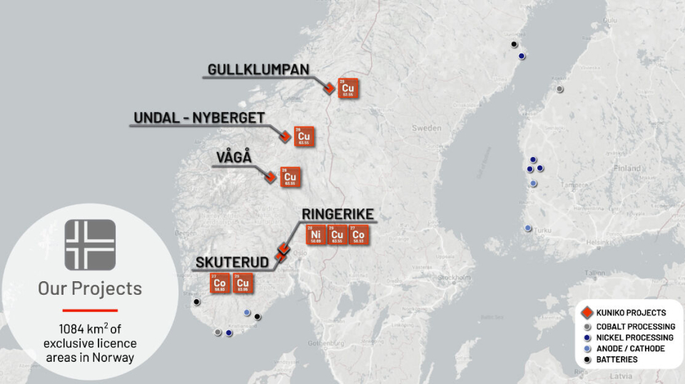 Kunikos norske leteprosjekter er merket med metalltyper.