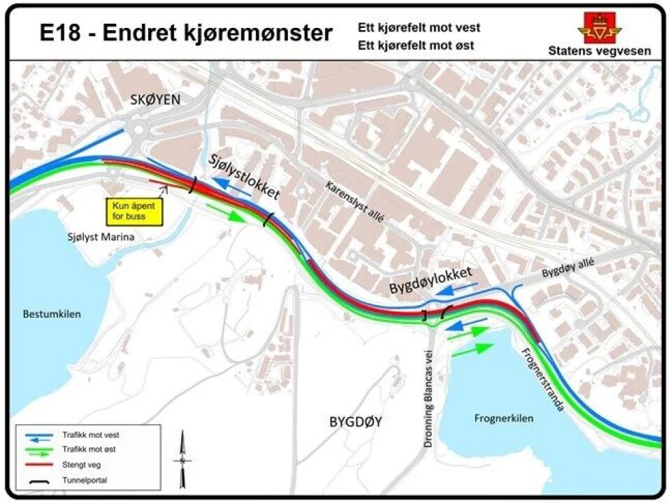 For tiden er det ett felt i hver retning gjennom Sjølyst- og Bygdølokkene på E18. I tillegg er gang- og sykkelveien lagt om.