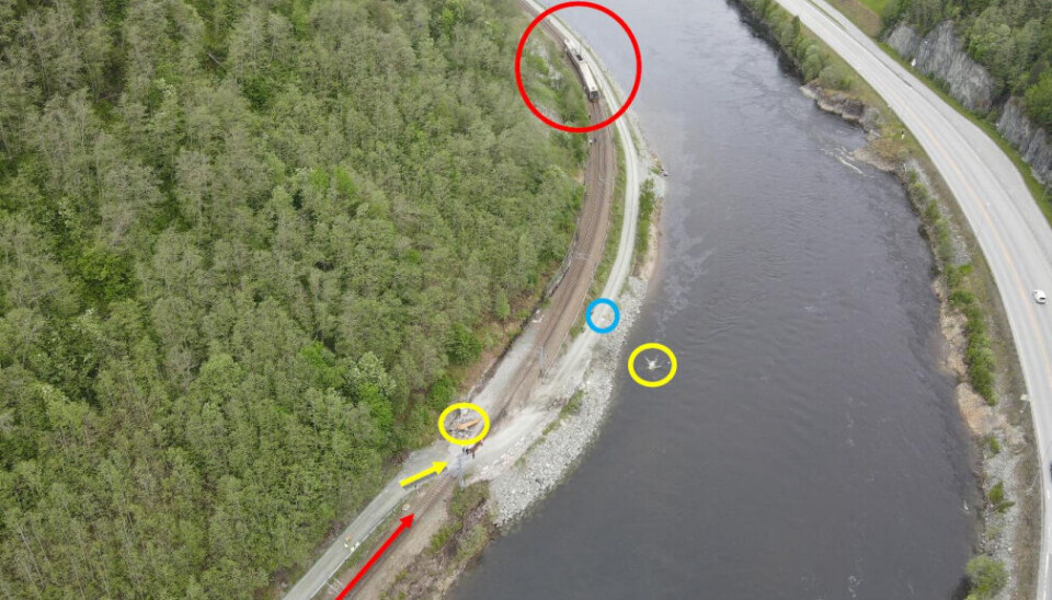 Oversiktsfotografi av ulykkesstedet. Gul pil viser traktorens kjøreretning. Gule ringer viser traktorens
plassering i elven og tilhengerens plassering til venstre ved en signalkiosk. Føreren ble funnet ved den blå
ringen. Rød ring viser togsettets plassering etter ulykken. Foto: Politiet. Påtegninger: Statens vegvesen
