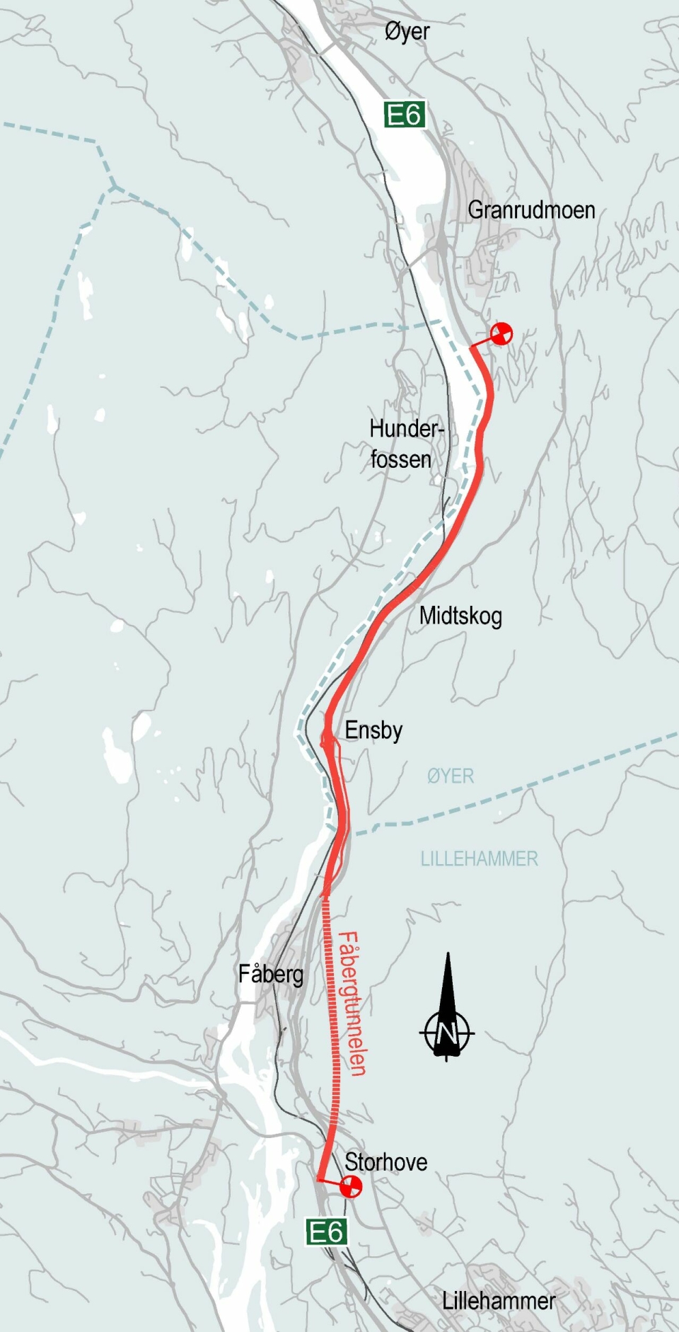 E6-strekningen som skal bygges ny, er fra Storhove i sør til Øyer i nord.