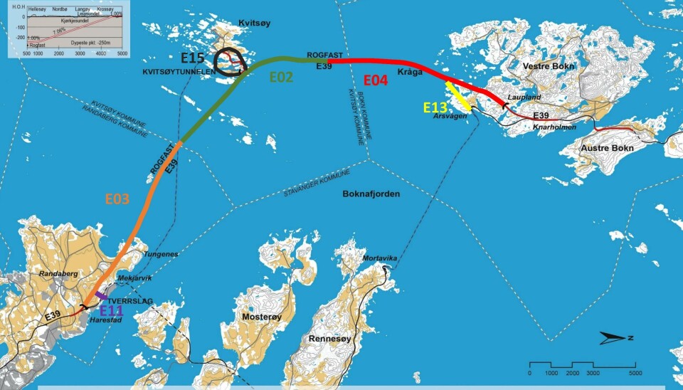 E02: Fire entreprenører vil ha entreprise E02, merket med grønt, på Rogfast nord for Stavanger.
