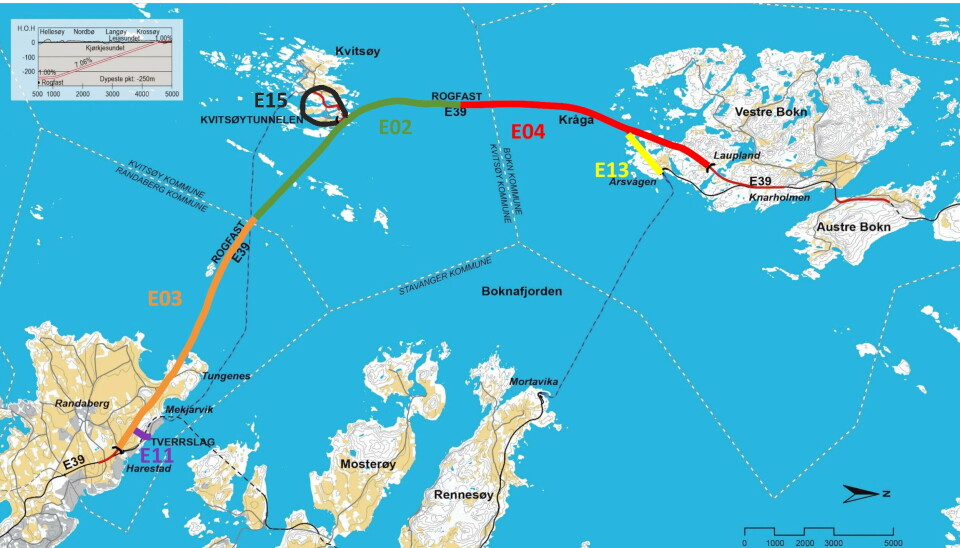 GRØNN: Tre entreprenører/arbeidsfellesskap ble med videre i konkurransen om å tunnelkontrakten E02 (merket med grønt) på Rogfast.
