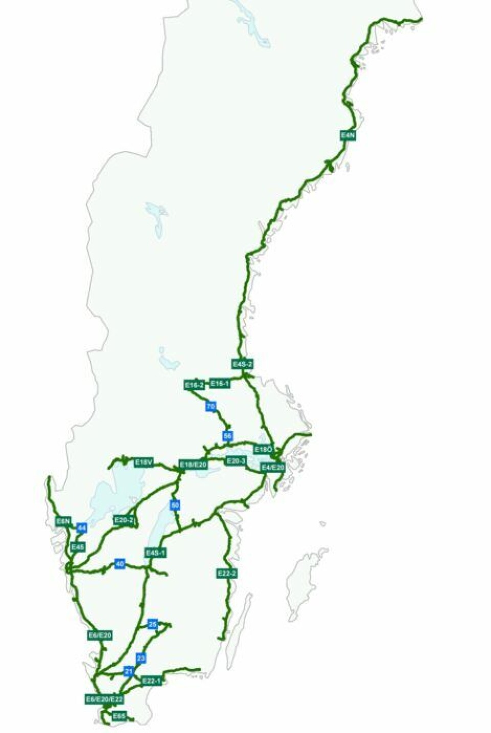 VEINETTET: Her er veinettet der det er tillatt med 34,5 meters vogntog i Sverige.