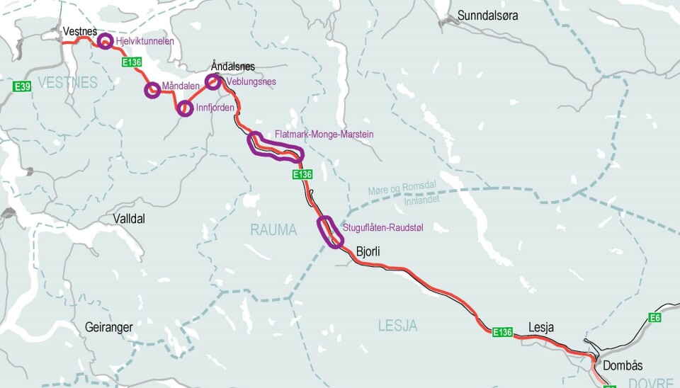 Strekningskart som viser flere aktuelle tiltak/delstrekninger på strekningen E136 Dombås-Vestnes. Veblungsnes ligger i Ånddalsnes, mens Stuguflåten-Raudstøl er lokalisert nærmere Bjorli.