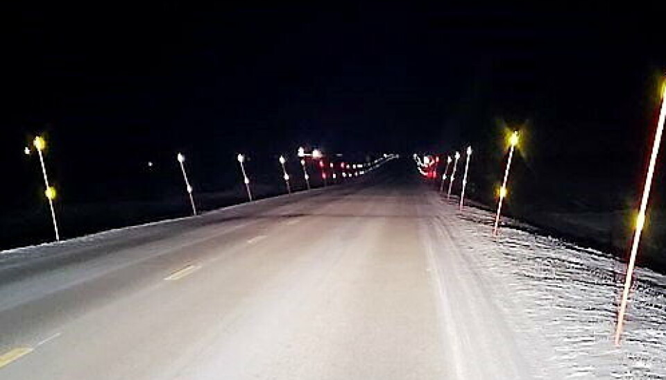 BRØYTESTIKKER: Statens vegvesen testet brøytestikker på E6 på Saltfjellet. De røde fluorescerende stikkene vises best.
