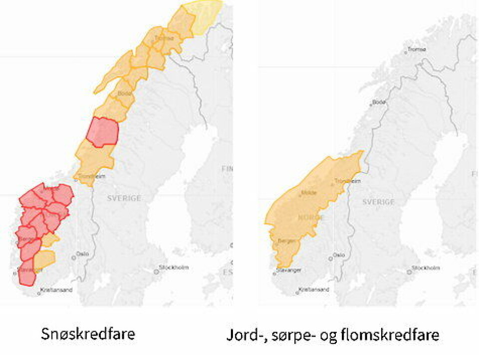 HER KAN DET KOMME SKRED: Kartet er sendt ut fra NVE torsdag 1. februar.