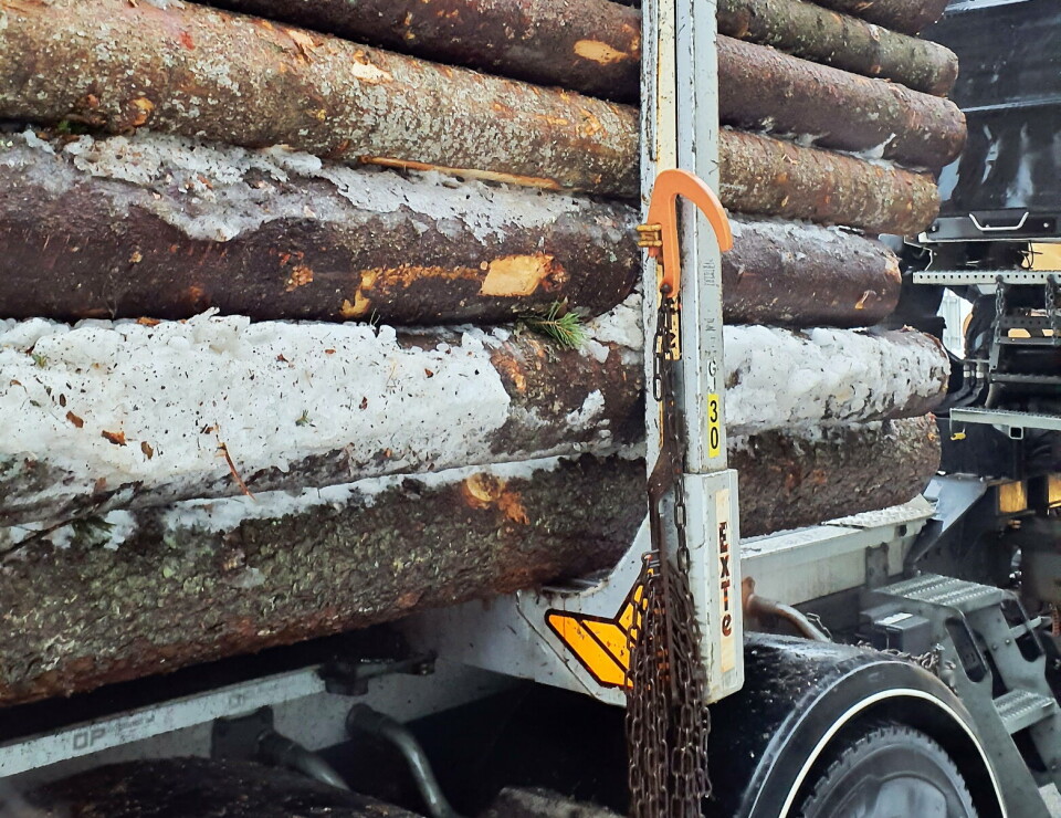 Bakre del av tømmerlasset på bilen var ikke sikret