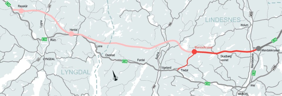 Den tykke røde streken viser strekningen fra Mandalskrysset til Blørstad