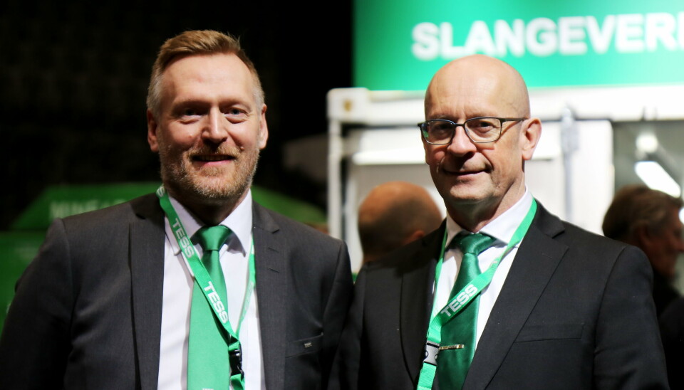 INDUSTRIENS MARKEDSPLASS: Lars Petter Hauge (direktør entreprenørsegmentet i Tess) og Ansgar Karlsen (teknisk sjef i Tess) viste frem selskapets fulle bredde under deres egen fagmesse i Telenor Arena.