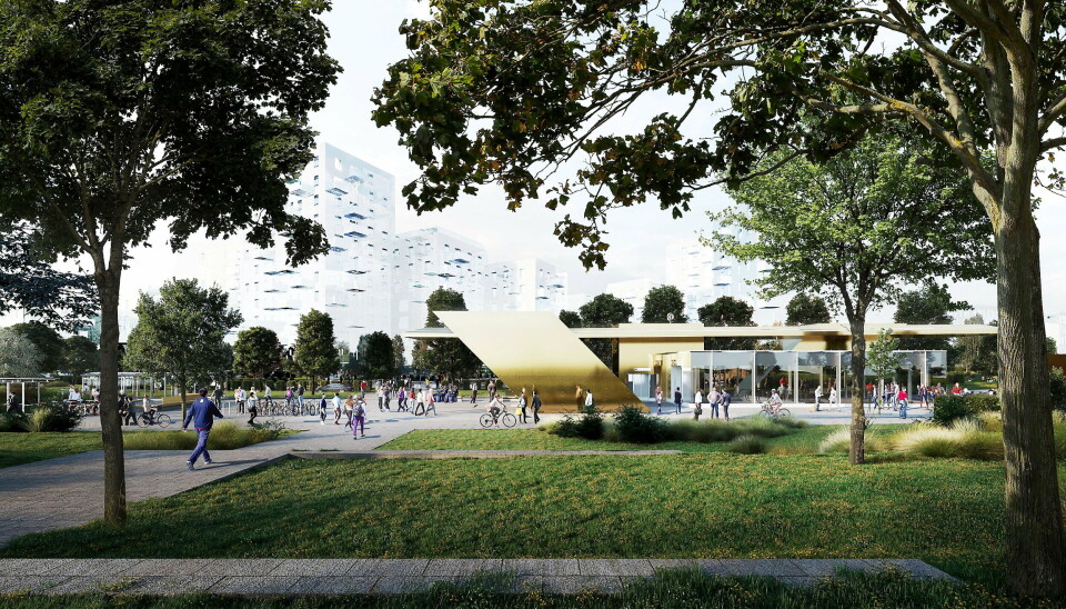 FLYTÅRNET: Slik vil den ene av to adkomster til Flytårnet T-banestasjon se ut. Her ser vi T-banestasjonen fra Telenor.