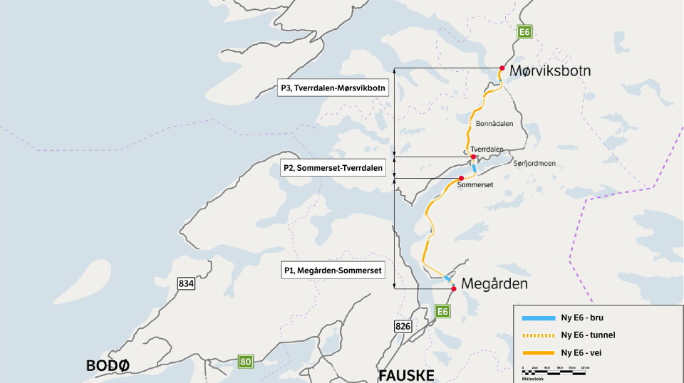 PROSJEKTET: Kartet viser utbyggingsprosjektet E6 Megården-Mørsvikbotn med sine tre byggetrinn. Illustrasjon: Statens vegvesen. Illustrasjon: Statens vegvesen.