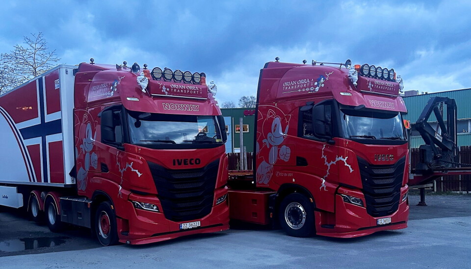 IDENTITET: Figuren Sonic The Hedgehog er blitt en del av bilenes identitet og er å finne på flere av bilene til Ørjan Orra Transport AS. Her to Iveco S-WAY.