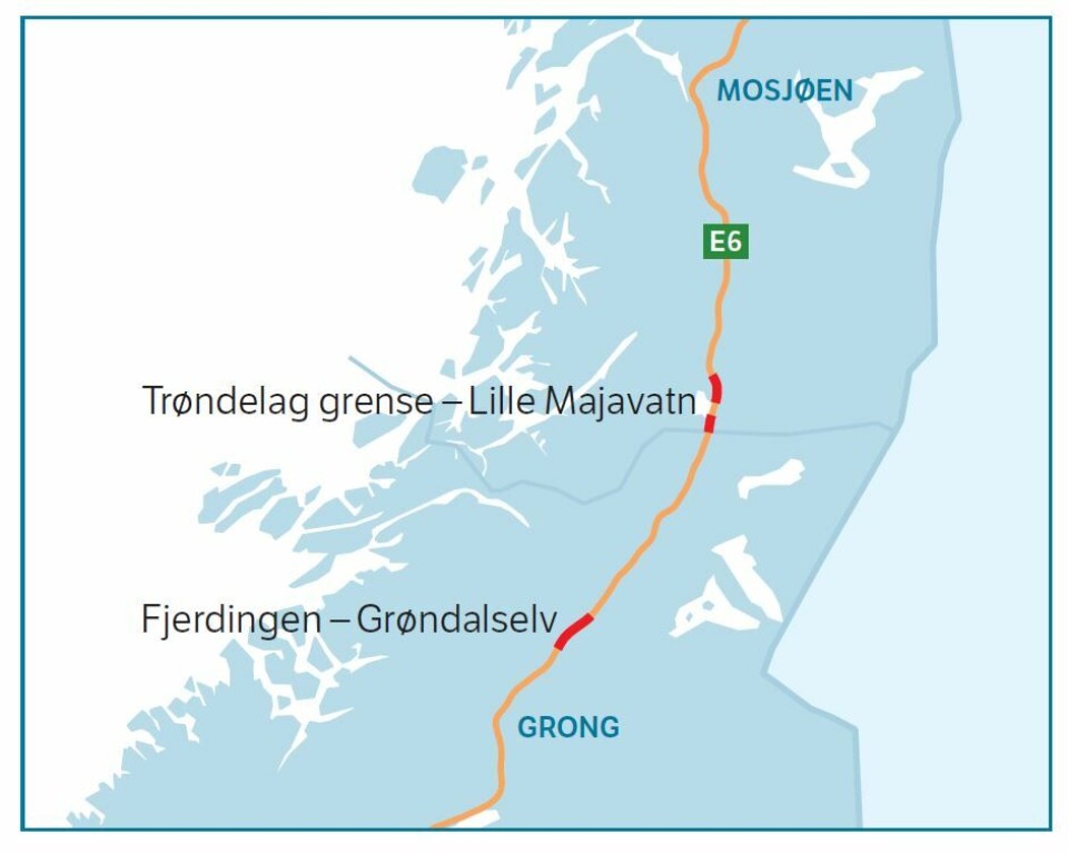 TRE STREKNINGER: Strekningene som åpnes fredag 18. oktober er markert med rødt. Legg merke til at parsellen i nord egentlig er delt i to. E6 Trøndelag grense-Majahaugen (4,1 km) og E6 Flyum-Lille Majavatn (6,7 km). Forenklet til E6 Trøndelag grense-Lille Majavatn.