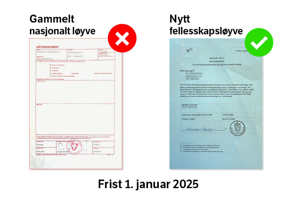 BLÅTT: Det nasjonale løyvet utgår ved nyttår. Det nye fellesskapsløyvet er blått, og kan benyttes til både nasjonal og internasjonal transport.