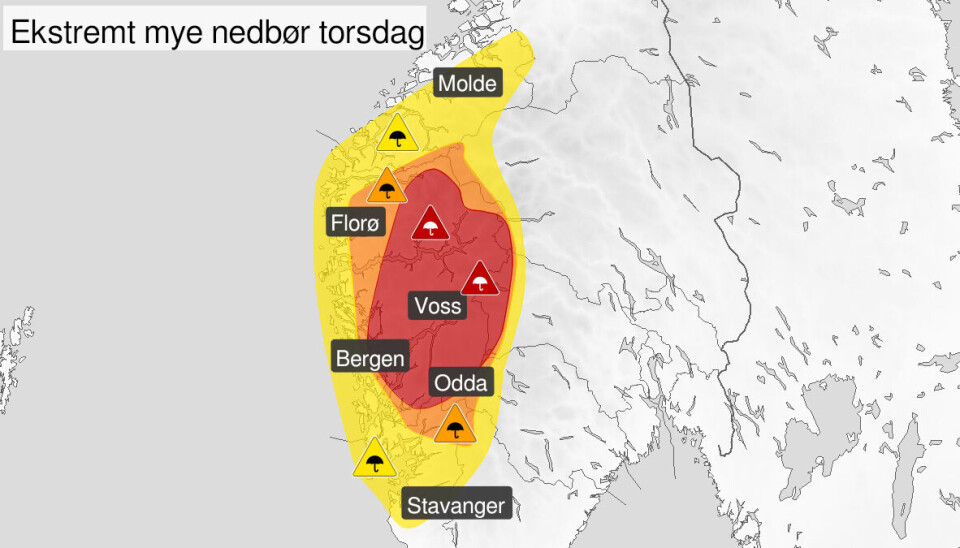 VARSEL: Deler av Sør-Norge kan få store nedbørsmengder Torsdag 31. oktober 2024.
